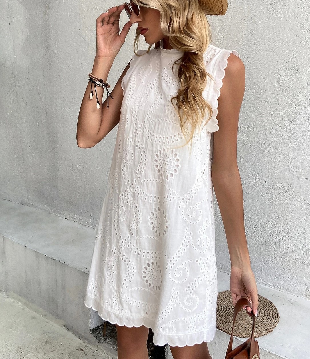 Shein Women's White Sleeveless Scallop Edge Eyelet Summer Mini Dress Size L -Guc